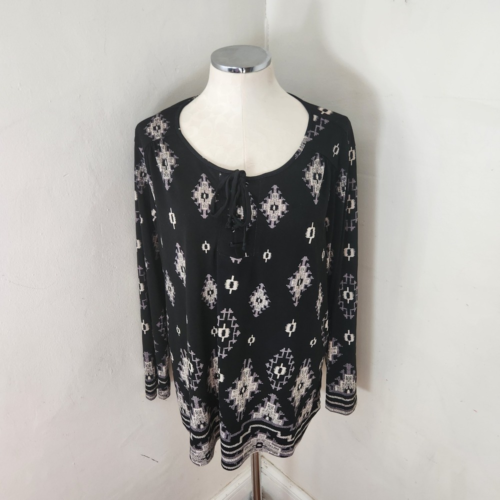 Style & Co Woman 2X Black Geometric Southwestern Lace Up Long Sleeve Tunic Top